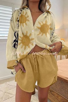 Simple Summer Sun Print Buttoned Lace Up Shorts Set Cute Tropical Outfits, Sun Clothes, Lace Up Shorts, Simple Summer, Vacation Wear, Fit Style, Spring Summer Outfits, Shorts Set, Summer Sun