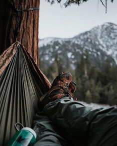 a man laying in a hammock next to a tree with mountains in the background