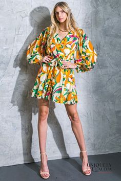 Sandra Surplice Long Sleeve Chiffon Mini Dress Chiffon Mini Dress, Flying Tomato, Surplice Neckline, Chiffon Long Sleeve, Vintage Inspired Design, Chiffon Fabric, Green And Orange, Green Dress