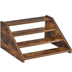 a wooden shelf with three shelves on each side and one section open to show the bottom