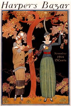 an advertisement for harper's bazaar featuring two women in front of a tree with leaves