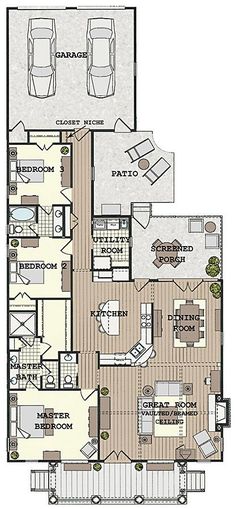 the floor plan for a two story house with three car garages and an attached deck