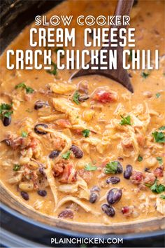 slow cooker cream cheese chicken chili recipe in a crock pot with text overlay