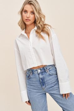 The perfect crop top button down shirt to match anything. cotton. Button Up Crop Top Outfits, Cropped Button Down, Crop Top Outfits, Long Crop Top, Long Sleeve Crop, Long Sleeve Crop Top, Button Up Shirt, Fashion Boutique, Up Shirt