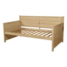 the bed frame is made from wood and has slats on each side, as well as an attached headboard