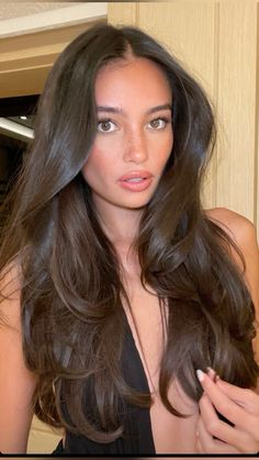 Blowout Hair Inspo Pics, Long Brunette Blowout, Blowout Formal Hair, Long Brown Hair Blowout, Blowout Brunette Hair, Formal Hair Blowout, Dark Brown Hair Glaze, Formal Hair Brunette, Chocolate Glaze Hair Color