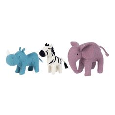 three small stuffed animals in different colors and sizes, one zebra, the other rhinoceros