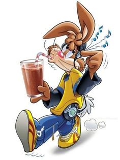 a cartoon character holding a drink in his hand