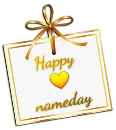 a happy name day card with a heart on the front and gold ribbon around it