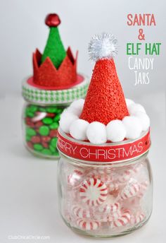 santa and elf hat candy jars are shown