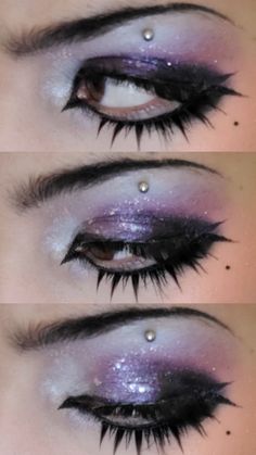 Silver And Purple Eye Makeup, Holographic Glitter Makeup, Drag Eyeshadow Looks, Eye Makeup Ideas Hooded Eyes, Witchy Eyeshadow, Rainbow Goth Makeup, Fairy Makeup Purple, Vibrant Eyeshadow Looks, Purple Grunge Makeup