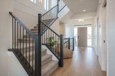 an entryway with stairs and potted plant in the center, along with hardwood flooring