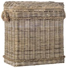 a large wicker basket with rope handles on the bottom and sides, sitting against a white background