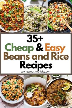 the cover of 35 cheap and easy beans and rice recipes, with pictures of different dishes