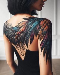 the back of a woman's shoulder with colorful feathers on her upper and lower arm