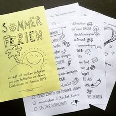 four papers with drawings on them sitting next to each other and one has a yellow piece of paper that says summer fair