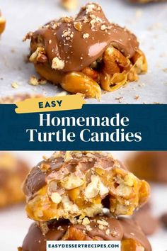 homemade turtle candies are stacked on top of each other with chocolate drizzle