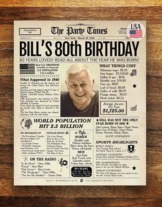 an old newspaper with the words bill's 80th birthday written on it, in front of a wooden background