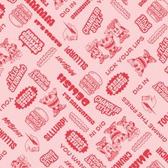 a pink wallpaper with red and white typograms on the back ground