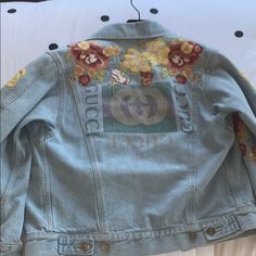 Gucci Denim Jacket With Floral Detail Size 40 Designer Fitted Denim Jacket, Casual Fitted Gucci Outerwear, Designer Denim Jacket For Fall, Chic Gucci Spring Outerwear, Gucci Long Sleeve Spring Outerwear, Gucci Spring Long Sleeve Outerwear, Gucci Denim Jacket, Gucci Jackets, Gucci Denim