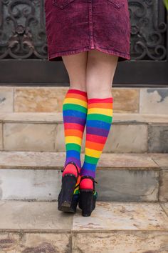 Classic six color rainbow striped knee socks bring a retro vibe to any outfit! These comfy socks have great stretch, so more people can wear them with pride! Pride Socks, Striped Tube Socks, Striped Knee High Socks, Waterproof Socks, New Zombie, Calf Stretches, Tacky Christmas Sweater, Net Stockings, Rainbow Socks