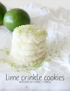 lime crinkle cookies are stacked on top of each other