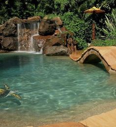 a turtle swimming in a pool surrounded by rocks and water features an artificial waterfall that runs down to the bottom of the pool