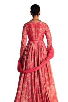 Fuchsia pink chanderi anarkali with floral printed motifs embellished by sequins-beads and attached jacket panel bodice. Comes with sheer dupatta. - Aza Fashions Red Cotton Silk Churidar For Wedding, Wedding Red Cotton Silk Churidar, Fitted Slub Silk Salwar Kameez With Cutdana, Churidar With Dori Work For Reception, Churidar With Dori Work For Reception And Transitional Season, Transitional Anarkali Set For Reception, Transitional Season Anarkali Set For Reception, Transitional Season Churidar With Dori Work For Reception, Fitted Slub Silk Anarkali Set With Zari Work