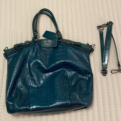 Madison Sophia Coach Satchel/Purse, Embossed Blue Leather. Item Number Included In Photo For Confirmation Of Genuineness. Formal Blue Coach Satchel, Coach Blue Satchel With Handles, Coach Blue Satchel For Travel, Coach Satchel, Bags Coach, Satchel Purse, Coach Purse, Coach Purses, Blue Leather