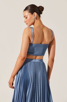 Satin pleated crop top Partially lined at front of bust Elasticized back, adjustable straps Pull on style Self: 95% Polyester, 5% Elastane / Lining: 100% Polyester Dry clean only Style #ALT20426 Blue Pleated Summer Tops, Blue Pleated Tops For Summer, Blue Cami Crop Top With Adjustable Straps, Blue Spaghetti Strap Adjustable Crop Top, Blue Crop Top With Adjustable Spaghetti Straps, Blue Spaghetti Strap Crop Top With Adjustable Straps, Chic Blue Crop Top With Adjustable Straps, Spring Blue Crop Top With Adjustable Straps, Spring Blue Crop Top With Straps