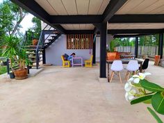 a person sitting at a table under a covered patio