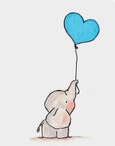 an elephant holding a blue heart shaped balloon