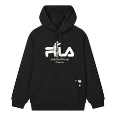 FILA Logo Hoodie 'Black White' F11U319205F-BK Black Hoodie With Logo Print, Black Sports Outerwear With Kangaroo Pocket, Black Fleece Hoodie With Logo Print, Black Sportswear Hoodie With Logo Print, Black Sports Sweatshirt With Kangaroo Pocket, Fila Logo, Limited Edition Sneakers, Apparel Shop, Sports Sneakers