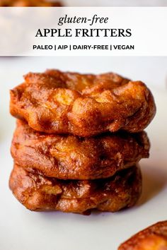 three pieces of apple fritters stacked on top of each other with text overlay