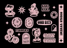 pink and black stickers on a black background with the words good days written below them