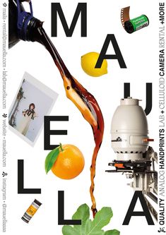 an advertisement with oranges and juice pouring from a bottle into a liquid that has been poured onto it