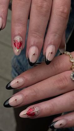 Black Red Heart Nails, King Of Hearts Nails, Red And Gold Heart Nails, Red And Black Aesthetic Nails, Gold Chrome Heart Nails, Red Celestial Nails, Anatomical Heart Nails, Dagger Nail Art, Gold And Red Nails Ideas