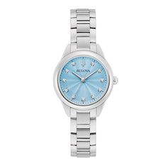 Add a pop of color to your wardrobe with this stylish Bulova ladies’ timepiece from the Sutton collection. Stainless steel 28.0mm case, pastel blue sunray dial, 11 diamond hour markers, and silver-toned hands Quartz movement Stainless steel bracelet; foldover clasp Water resistant to 30 meters We are an authorized Bulova dealer Sutton Blue, Dope Jewelry, Pastel Blue, Steel Bracelet, Stainless Steel Bracelet, Quartz Movement, Markers, Color Pop, Water Resistant