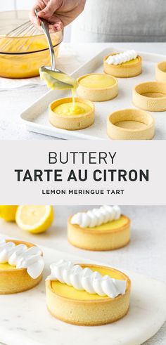 the lemon meringue tart is being drizzled with butter