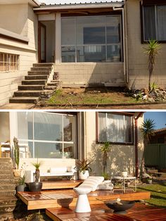 before and after shots of a house with steps leading up to the front door