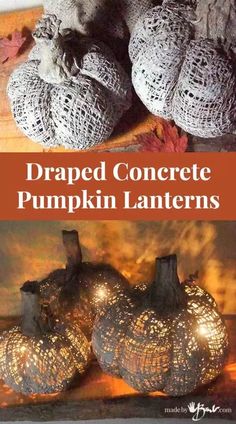 some pumpkins that are sitting on top of a wooden table with the words trapped concrete pumpkin lanterns