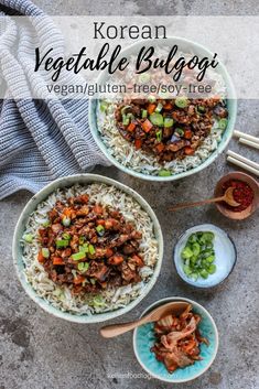 korean vegetable bulgogi with rice in two bowls