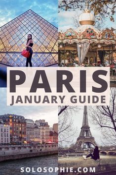 the paris january guide is shown in this collage with images of people and buildings