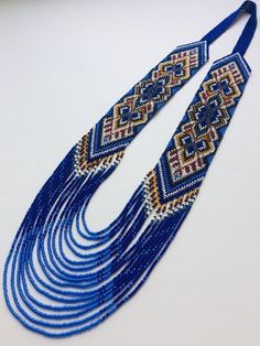 Ukrainian Necklace, Necklace Traditional, Bead Embroidery Jewelry, Embroidery Jewelry, Beaded Necklaces, Hama Beads, Blue And Gold, Beaded Embroidery, Beaded Earrings