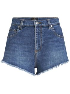 indigo blue stretch-cotton washed denim appliqué logo frayed hem concealed fly and button fastening classic five pockets belt loops Denim Applique, 23 Fashion, Country Vibes, Logo Azul, Airport Fashion, Short Jeans, Embroidered Denim, Mini Shorts, Denim Shorts Women