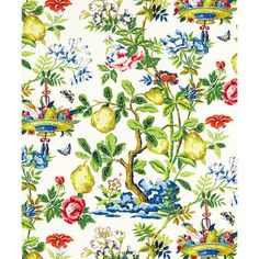 an image of a wallpaper with flowers and fruit on white background in the style of chinese painting