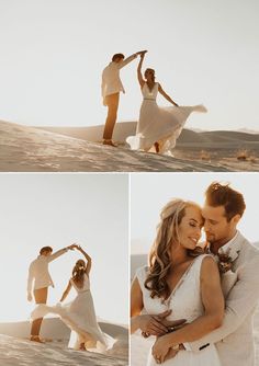 a man and woman dancing in the sand at their desert wedding ceremony, with sun shining on them