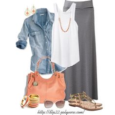 Very cute. Like the denim shirt... I definitely could use an updated denim shirt! Striped Maxi Skirt Outfit, Skirt Diy, Mode Tips, Maxi Skirt Outfits, Striped Maxi Skirts, Skirt Denim, Mode Casual, Striped Maxi, Maxi Skirts