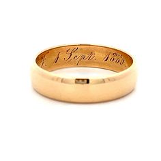 This Victorian 18 karat yellow gold wedding band captures the essence of the era with its rounded flat edge, offering a unique and elegant profile. The inside of the ring features the original wedding date engraving, adding a sentimental touch that connects to its rich history. Perfect for those who appreciate vintage beauty and historical significance, this wedding band is a testament to enduring love and tradition Platinum Rose Gold, Yellow Gold Wedding Band, Sapphire Solitaire, Modern Shop, Wedding Date, Shop Engagement Rings, Gold Wedding Band, Vintage Beauty, Antique Victorian