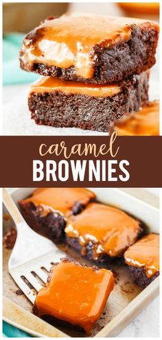 chocolate caramel brownies are topped with caramel icing